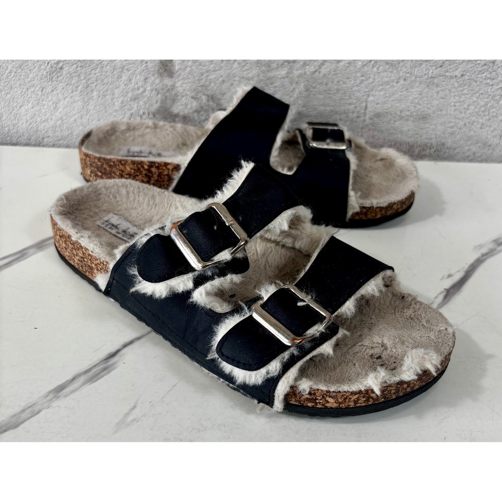 Nicole Miller Slide Sandals Women 9 Black Good Faux Fur Lined Double Strap Cork